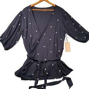 Halogen Wrap‎ Top Womens 1X Black NEW Polka Dot V-Neck HA406652WN